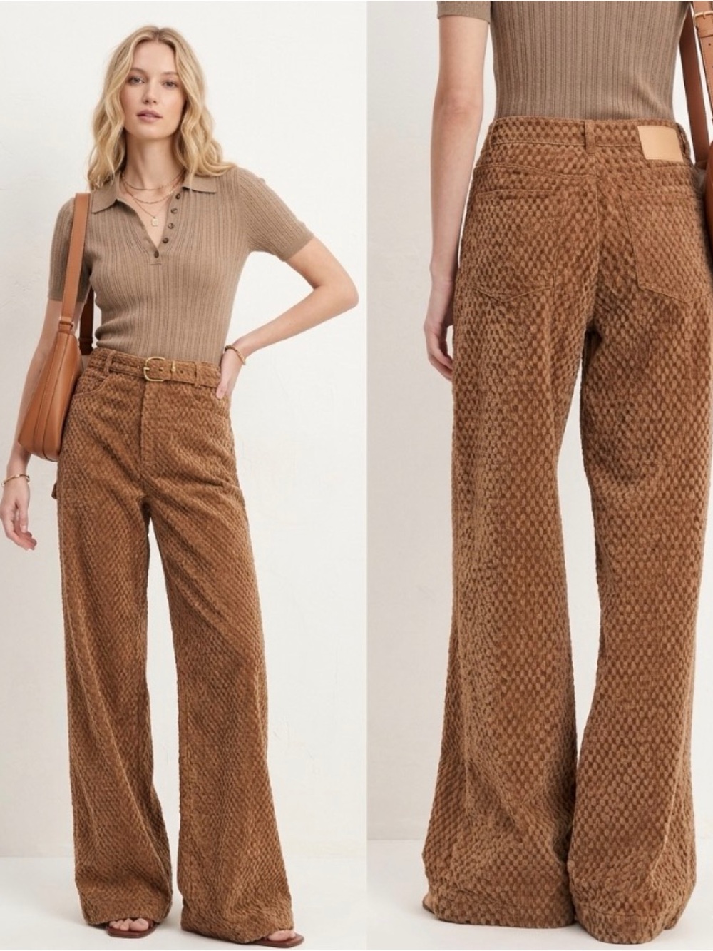 Fabrique Hilda Geometric Faded Diamond Jacquard Baggy Jeans Wide Leg Brown S